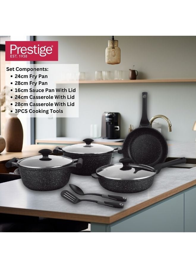 Prestige Essentials Nonstick Pots and Pans Set | Induction Cookware Set 11 Pieces | Non Stick Set Combo | Granite Cooking Set | Fry Pan Non Stick Combo Set - Black - Image 4