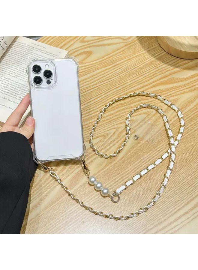 Clear Case For iPhone 16 Pro Max White Pearl Fake Leather Long Crossbody Lanyard Phone Case With Transparent Phone Strap Handsfree Carrying Travel Companion Stylish Secure Attachment Lightweight Phone Holder - Image 5