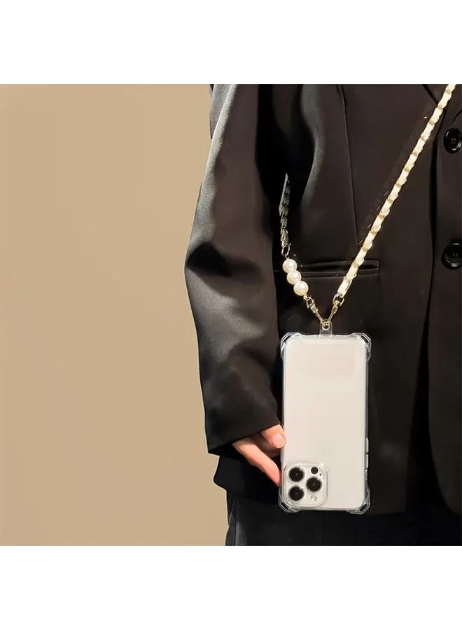 Clear Case For iPhone 16 Pro Max White Pearl Fake Leather Long Crossbody Lanyard Phone Case With Transparent Phone Strap Handsfree Carrying Travel Companion Stylish Secure Attachment Lightweight Phone Holder - Image 1