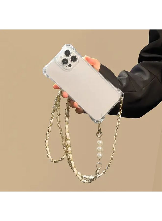 Clear Case For iPhone 16 Pro Max White Pearl Fake Leather Long Crossbody Lanyard Phone Case With Transparent Phone Strap Handsfree Carrying Travel Companion Stylish Secure Attachment Lightweight Phone Holder - Image 2