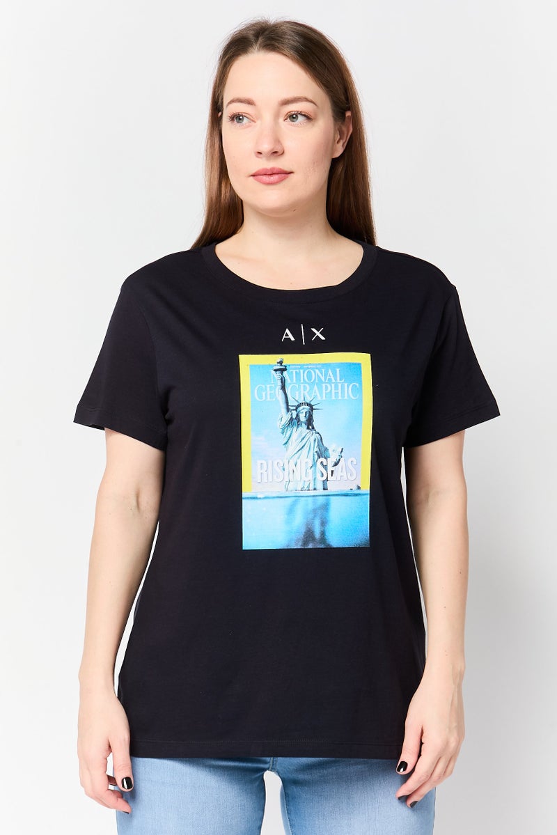 armani AX Armani Exchange Women Crew Neck Short Sleeve Brand Logo T-Shirt, Black - Image 1