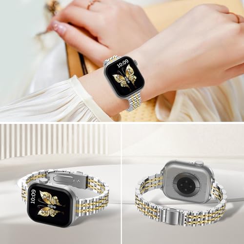 FINTIE Metal Band Compatible with Apple Watch Bands 42mm(Series 11 10) 41mm 40mm 38mm, Stainless Steel Slim Chain Strap for iWatch Series 11 10 9 8 7 6 5 4 3 2 1 SE3 SE2 SE, Silver/Gold - Image 4