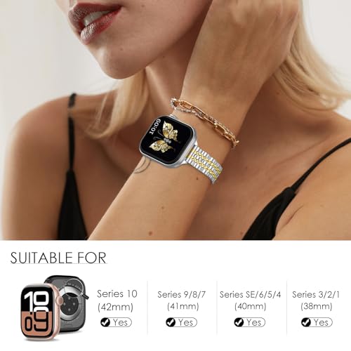 FINTIE Metal Band Compatible with Apple Watch Bands 42mm(Series 11 10) 41mm 40mm 38mm, Stainless Steel Slim Chain Strap for iWatch Series 11 10 9 8 7 6 5 4 3 2 1 SE3 SE2 SE, Silver/Gold - Image 2