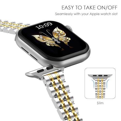 FINTIE Metal Band Compatible with Apple Watch Bands 42mm(Series 11 10) 41mm 40mm 38mm, Stainless Steel Slim Chain Strap for iWatch Series 11 10 9 8 7 6 5 4 3 2 1 SE3 SE2 SE, Silver/Gold - Image 5
