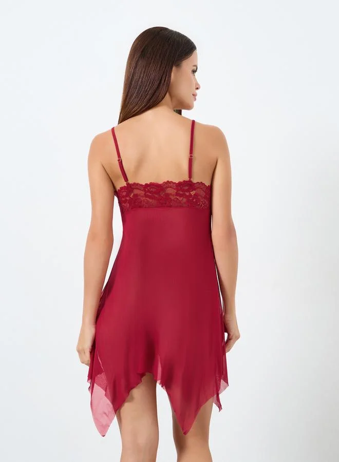 Take Two Solid Lace Patchwork Mesh Irregular Hem Cami Dress