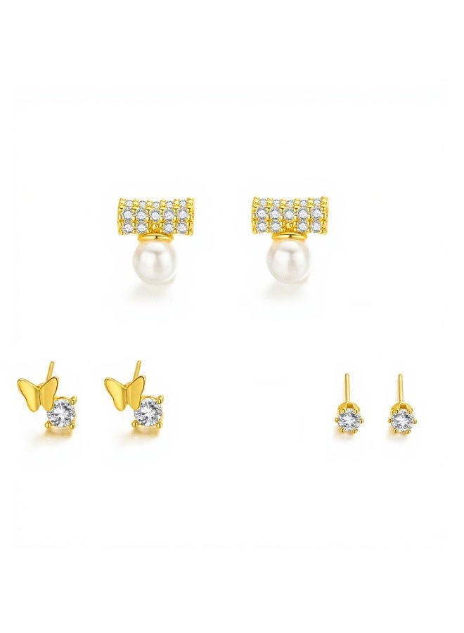 MTZ 3 Pairs Cubic Zirconia Stud Earrings Set for Women, Hypoallergenic Gold Plated Crystal Earrings, Dainty CZ Diamond Studs in Various Sizes, Sensitive Ear Friendly Jewelry Gift Box - Image 1