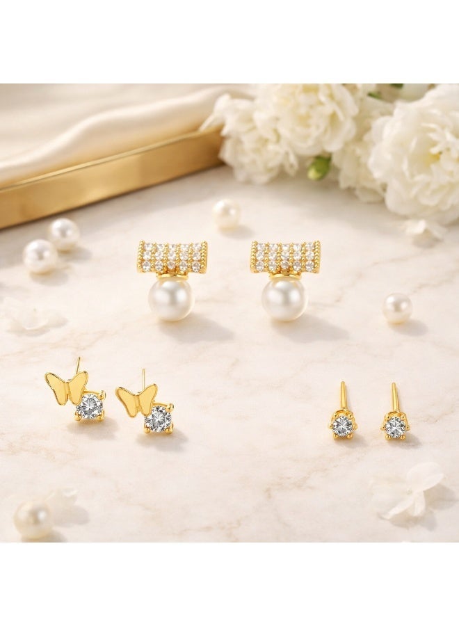MTZ 3 Pairs Cubic Zirconia Stud Earrings Set for Women, Hypoallergenic Gold Plated Crystal Earrings, Dainty CZ Diamond Studs in Various Sizes, Sensitive Ear Friendly Jewelry Gift Box - Image 2