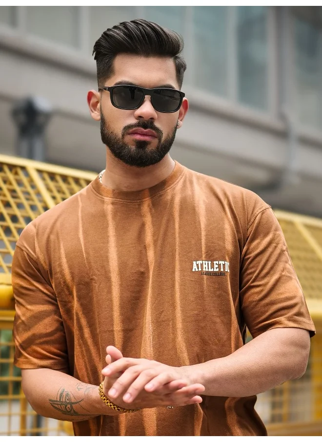 مانياك Maniac Mens Athletic Strokes Round Neck 3/4th Sleeve Brown Cotton T-Shirt
