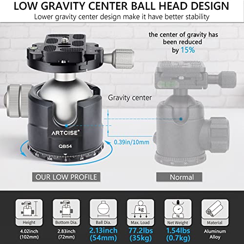 ARTCISE Low Profile Ball Head Unique 54mm Ball 360 Panoramic Tripod Head CNC Aluminium Alloy Metal Ball-Head Arca Swiss Quick Release Plate Max Loading 77lbs/35kg - Image 3