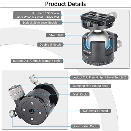 ARTCISE Low Profile Ball Head Unique 54mm Ball 360 Panoramic Tripod Head CNC Aluminium Alloy Metal Ball-Head Arca Swiss Quick Release Plate Max Loading 77lbs/35kg - Image 4