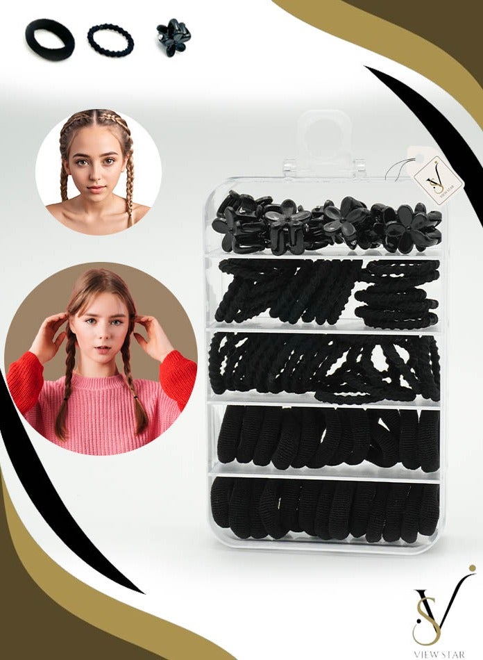 فيوستار مجموعة ربطات شعر فيوستار، 74 قطعة، لون أسود - أربطة مطاطية متينة ومشابك مخالب صغيرة للنساء والفتيات - لا تسبب التلف، ثبات قوي، صندوق تخزين مناسب للسفر - Image 1