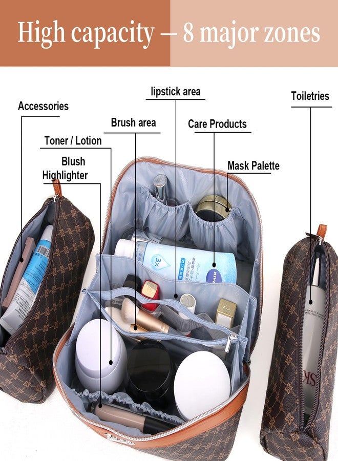 BOYATU Travel Makeup Bag Cosmetic Bags for Women: 3 Pcs Set Large Portable Make up Bag with Handle - Vegan Leather Toiletry Bags with Compartments - Makeup Organizer for Travel Essentials(01-Coffee) - Image 5