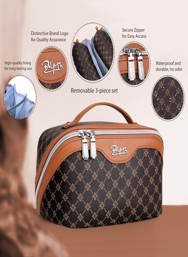 BOYATU Travel Makeup Bag Cosmetic Bags for Women: 3 Pcs Set Large Portable Make up Bag with Handle - Vegan Leather Toiletry Bags with Compartments - Makeup Organizer for Travel Essentials(01-Coffee) - Image 2