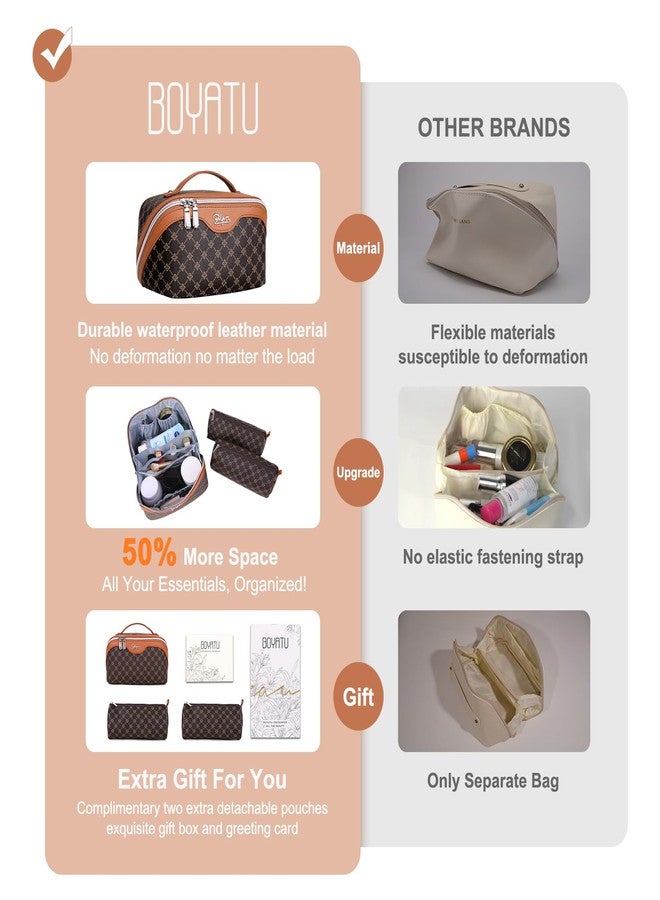 BOYATU Travel Makeup Bag Cosmetic Bags for Women: 3 Pcs Set Large Portable Make up Bag with Handle - Vegan Leather Toiletry Bags with Compartments - Makeup Organizer for Travel Essentials(01-Coffee) - Image 3