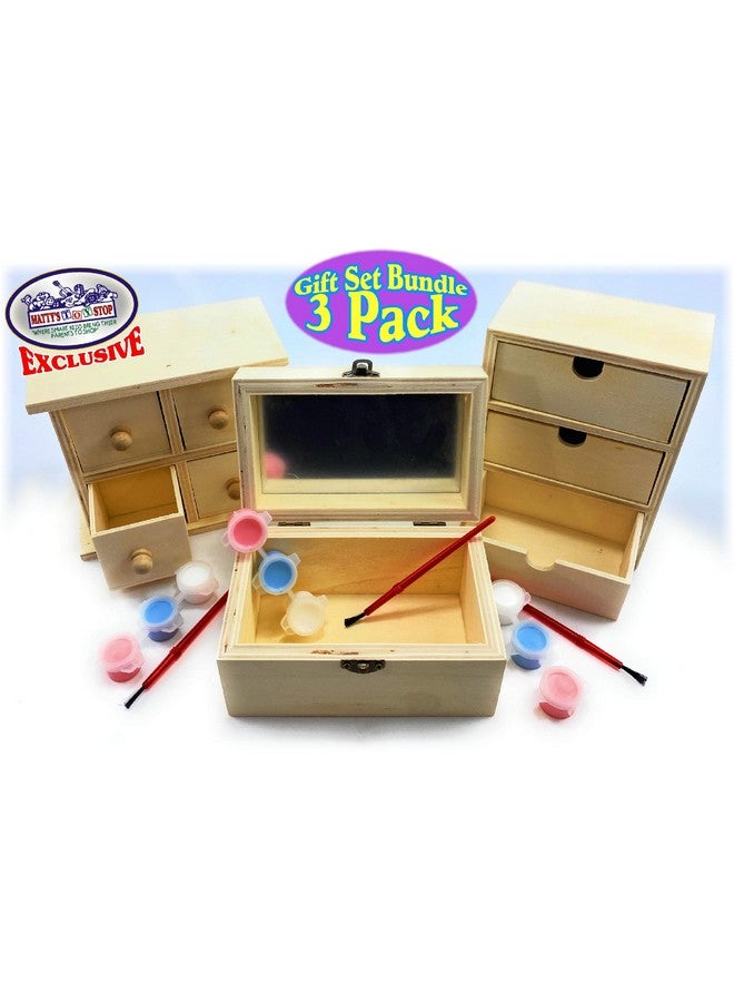 Matty's Toy Stop Design & Paint Your Own Wooden Jewelry Box Set with Mirror Jewelry Box, 3 Drawer Dresser, 4 Drawer Dresser, 3 Brushes & 9 Paints (3 Pink, 3 Blue & 3 White) Gift Set Bundle - 3 Pack - Image 2