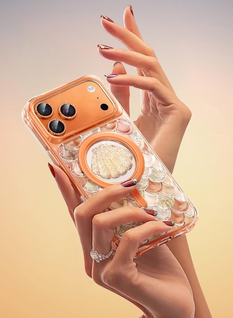 إكس ليفيل جراب مغناطيسي لهاتف آيفون 17 برو ماكس، بنقشة صدفية ثلاثية الأبعاد لامعة، جراب آيفون نسائي، مقاوم للأصفر والخدش، رفيع للغاية، لهاتف آيفون 17 برو ماكس (برتقالي) - Image 5