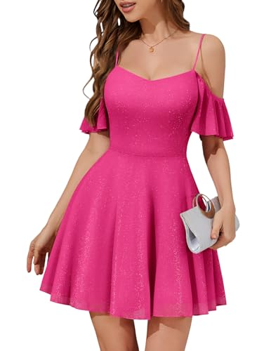 Meetjen Womens Tulle Prom Dresses for Teen Short Cocktail Off Shoulder Sweetheart Fairy Homecoming Dress Hot Pink S - Image 1