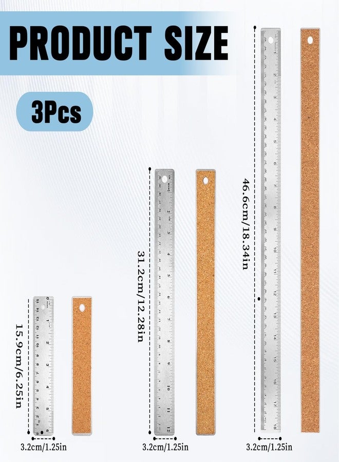 Psyqtsuary Metal Ruler, 6+12+18 Inch Stainless Steel Metal Ruler with Cork Backing Non-Slip Rulers with Inch and Centimeters Straight Edge Prevent Ink Leakage for Student School Office Drafting Engineering - Image 2
