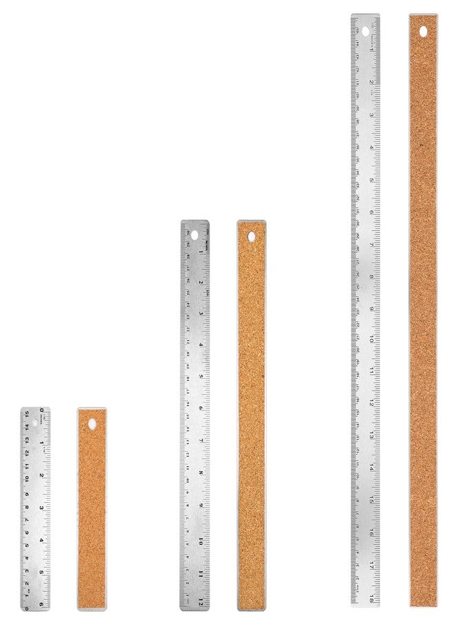 Psyqtsuary Metal Ruler, 6+12+18 Inch Stainless Steel Metal Ruler with Cork Backing Non-Slip Rulers with Inch and Centimeters Straight Edge Prevent Ink Leakage for Student School Office Drafting Engineering - Image 1