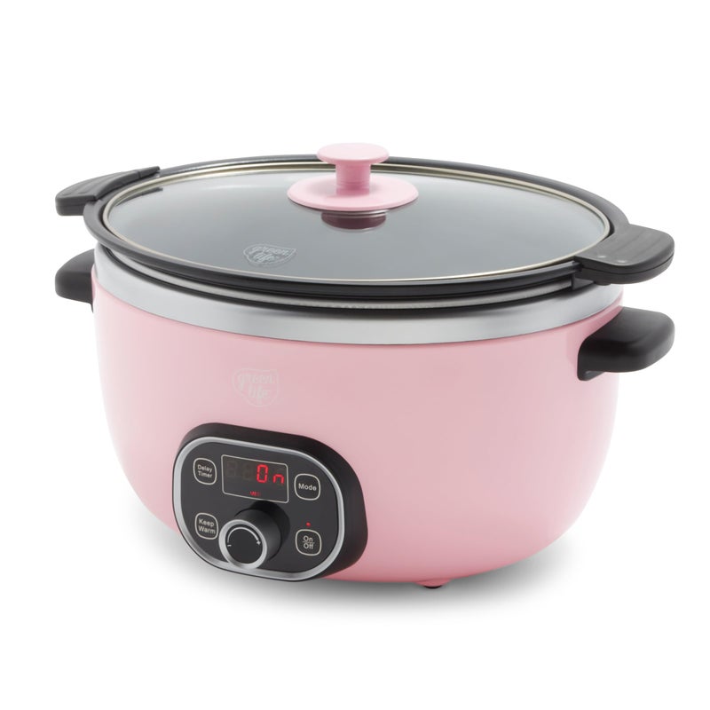GreenLife GreenLife 6 Quart Ceramic Slow Cooker PFASFree Programmable Removable Healthy Nonstick Pot for Family Meals Sear on Stovetop Keep Warm Digital Timer Dishwasher Safe Glass Lid  Crock Pink 