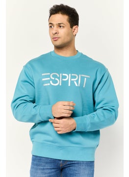 Men Crew Neck Long Sleeves Brand Logo Sweatshirts, Teal Blue