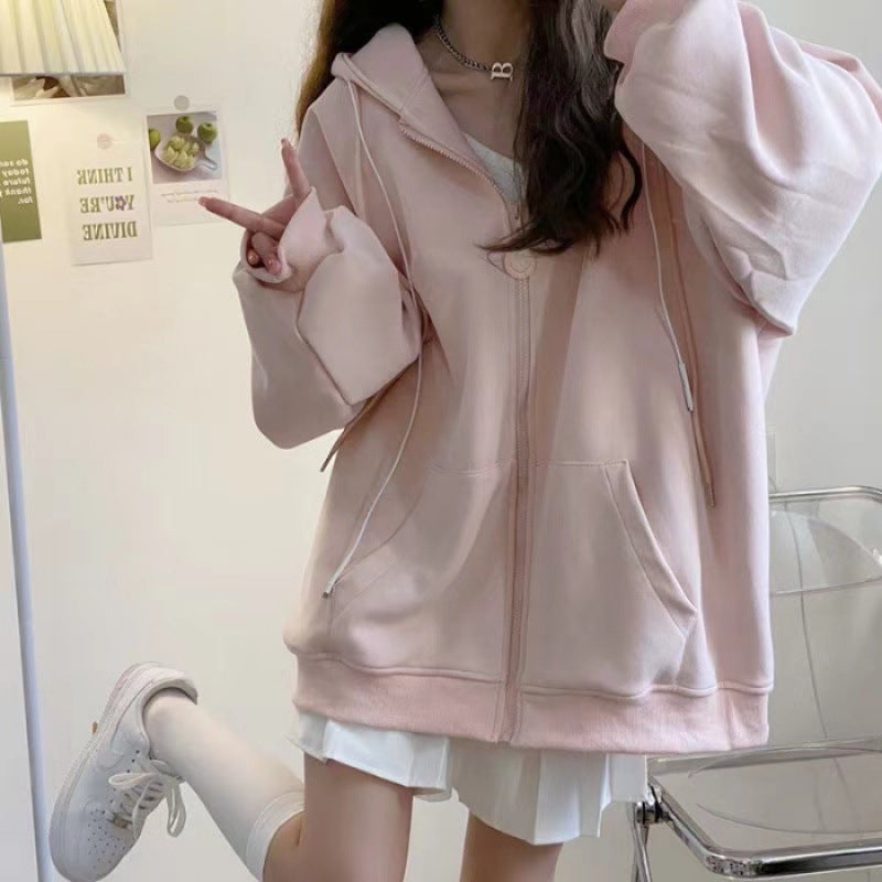 Womens Sweater Spring and Autumn Thin Coat Trendy Student Loose Cardigan Top 2300 pink - Image 1