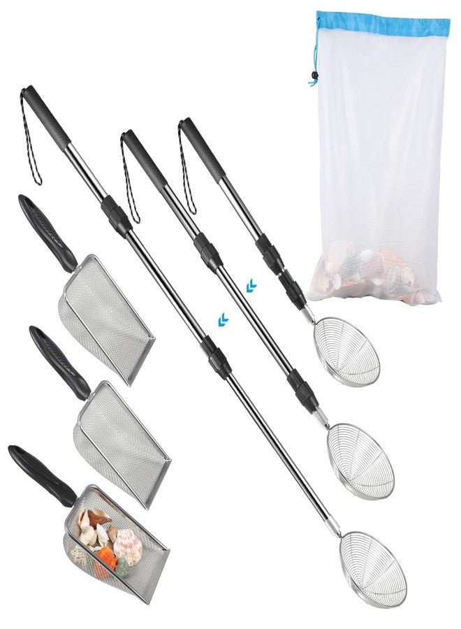 PAMISO Beach Sand Sifter, 3 Beach Sifting Sand Telescoping Pole Sets with Scoops, Baskets, Mesh Bag, for Picking Up Shells Shovels Shark Teeth - Image 1