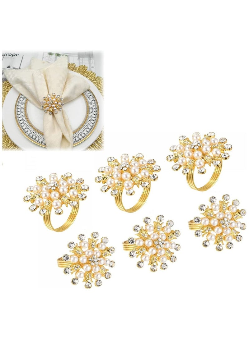 SYOSI Golden Napkin Rings, 6Pcs Flower Pearl Rhinestone Napkin Ring Holder for Wedding Party Home Kitchen Dining Table Linen Accessories, Hotel Pearl Napkin Ring Diamond Napkin Buckle Metal Napkin Ring - Image 1