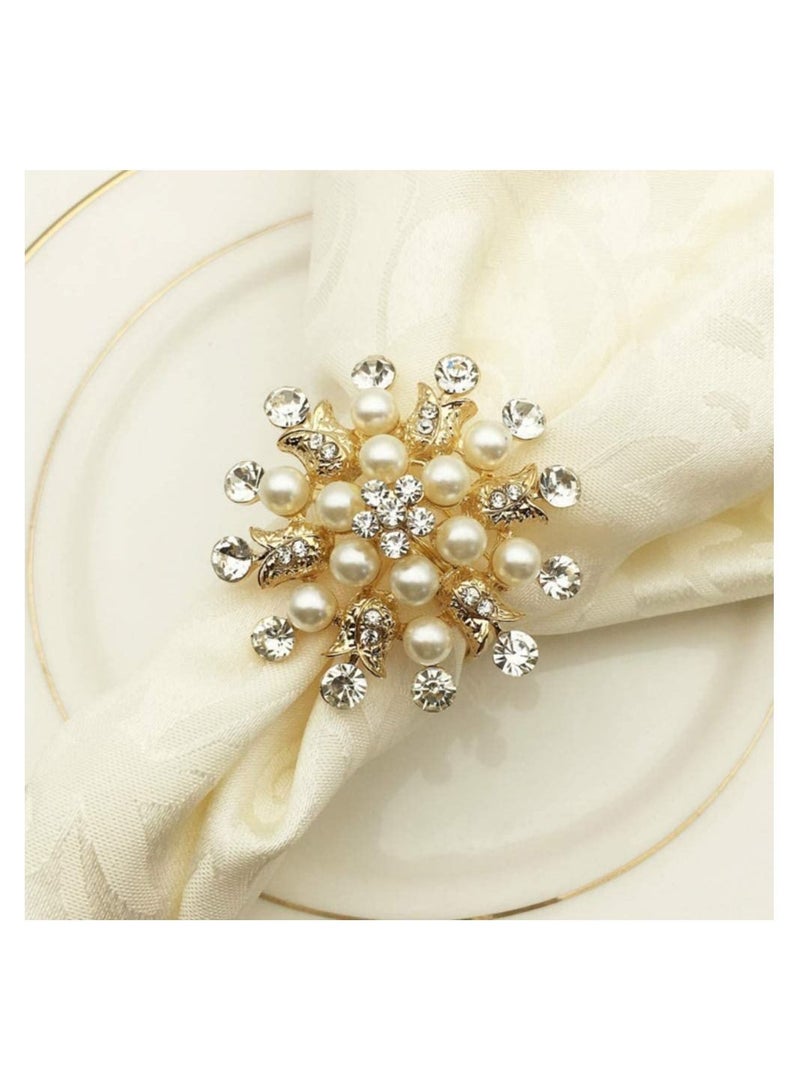 SYOSI Golden Napkin Rings, 6Pcs Flower Pearl Rhinestone Napkin Ring Holder for Wedding Party Home Kitchen Dining Table Linen Accessories, Hotel Pearl Napkin Ring Diamond Napkin Buckle Metal Napkin Ring - Image 3