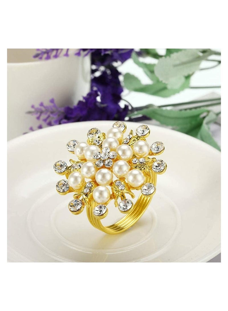 SYOSI Golden Napkin Rings, 6Pcs Flower Pearl Rhinestone Napkin Ring Holder for Wedding Party Home Kitchen Dining Table Linen Accessories, Hotel Pearl Napkin Ring Diamond Napkin Buckle Metal Napkin Ring - Image 5