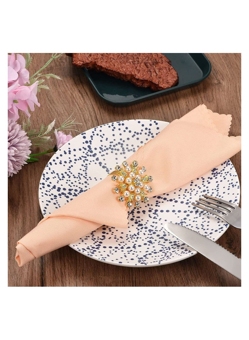 SYOSI Golden Napkin Rings, 6Pcs Flower Pearl Rhinestone Napkin Ring Holder for Wedding Party Home Kitchen Dining Table Linen Accessories, Hotel Pearl Napkin Ring Diamond Napkin Buckle Metal Napkin Ring - Image 2