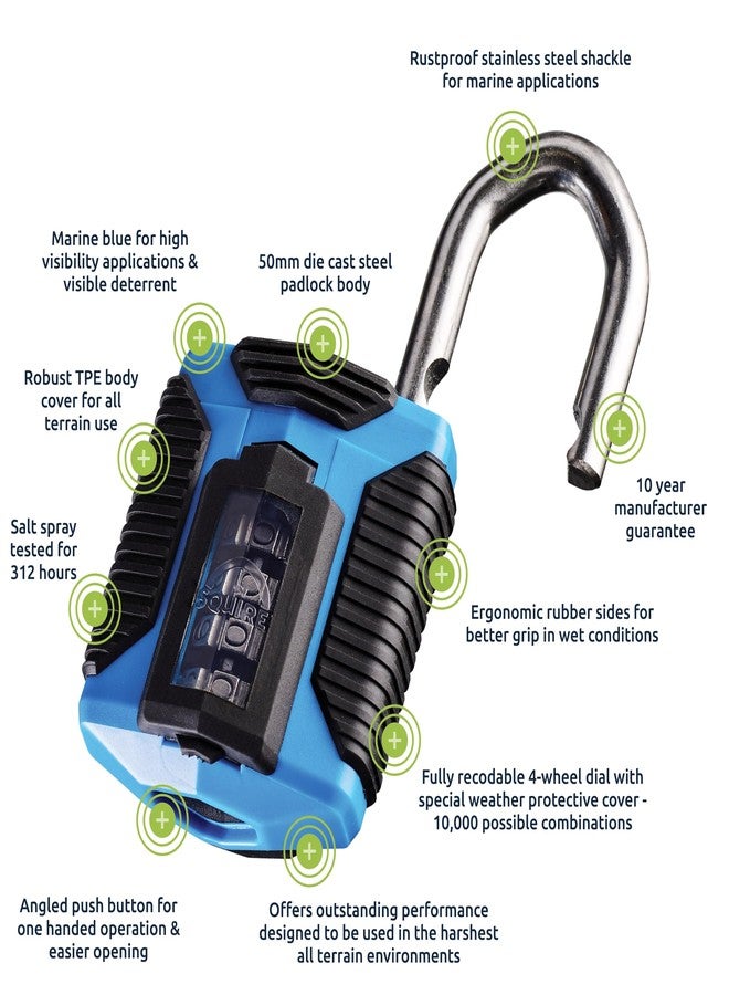 Squire Heavy Duty Padlock (CP50) - Toughest Steel Shackle - 4 Wheel Combination Padlock - Alloy Steel for Corrosion Resistance - Weatherproof Lock for Home, School & Garage (All Terrain Marine) Blue - Image 5