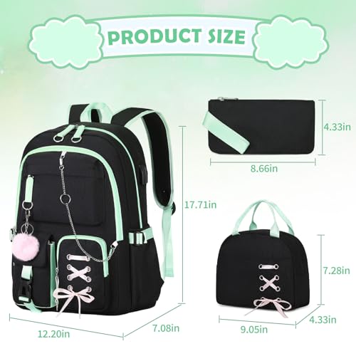 ACESAK Backpacks for Girls Girls Backpack with Lunch Box and Pencil Case for Teen Kid Elementary Middle High School College Student Children Backpack Bookbag with USB Charging Port Black Green with Chain - Image 3