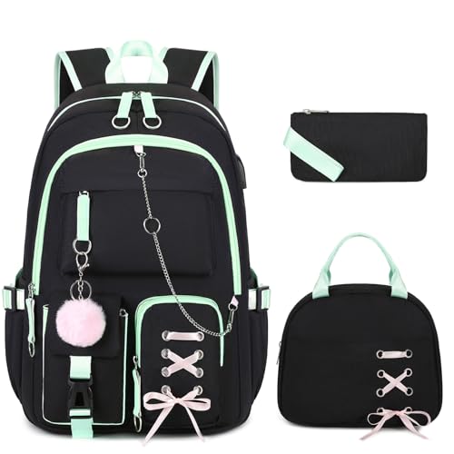 ACESAK Backpacks for Girls Girls Backpack with Lunch Box and Pencil Case for Teen Kid Elementary Middle High School College Student Children Backpack Bookbag with USB Charging Port Black Green with Chain - Image 1