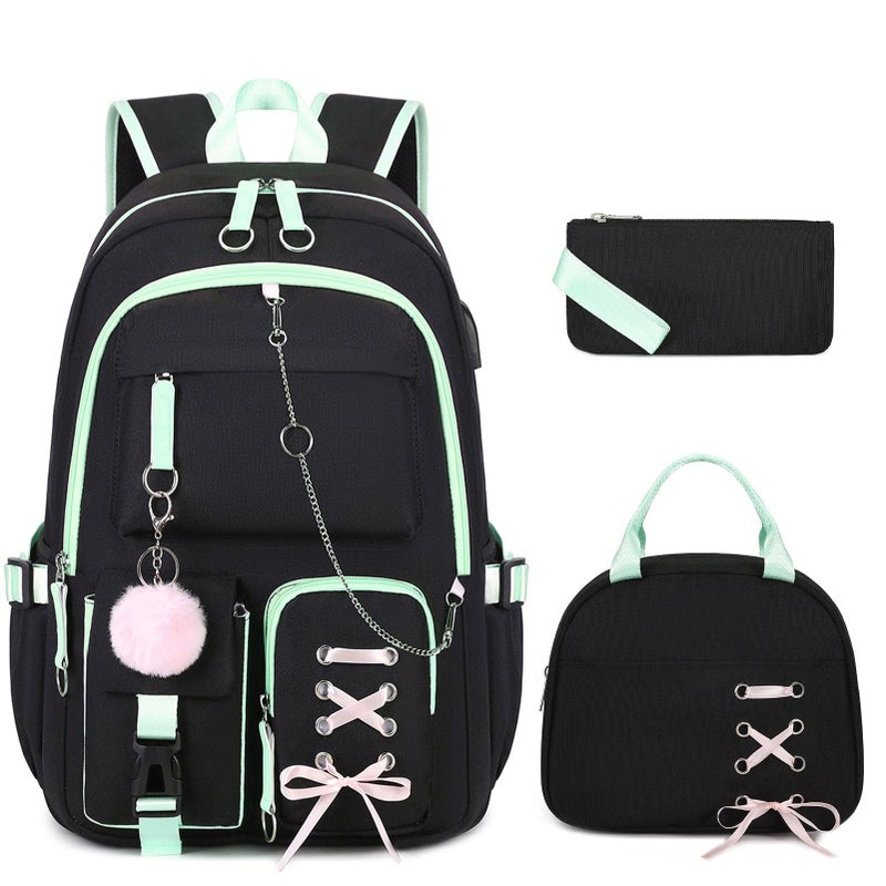 ACESAK Backpacks for Girls Girls Backpack with Lunch Box and Pencil Case for Teen Kid Elementary Middle High School College Student Children Backpack Bookbag with USB Charging Port Black Green with Chain - Image 2