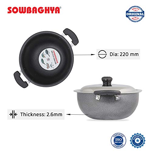 SOWBAGHYA Aluminium Non Stick Deep Kadai with Stainless Steel Lid (2 LTR, Grey) - Image 3