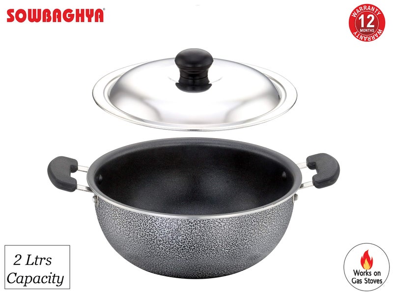 SOWBAGHYA Aluminium Non Stick Deep Kadai with Stainless Steel Lid (2 LTR, Grey) - Image 2