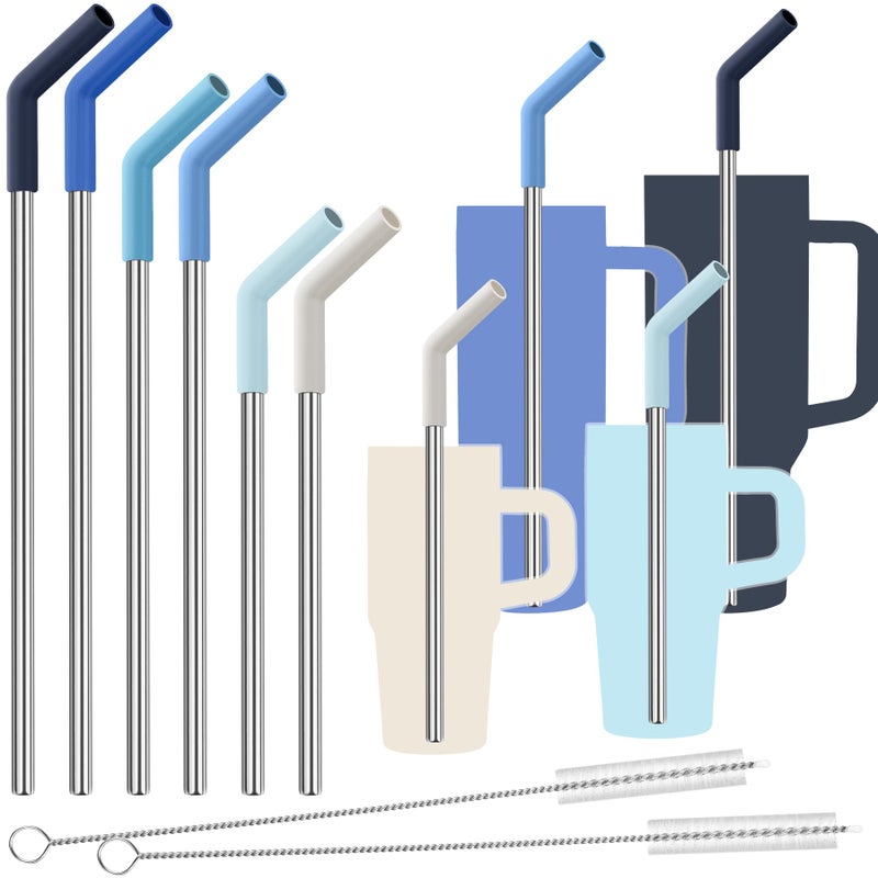 Tomorotec 6-Pack Reusable Stainless-Steel Straws with Silicone Tips, 3 Sizes Compatible with Stanley Tumblers 40OZ 30OZ 20OZ 14OZ, Dishwasher Safe, Includes 2 Cleaning Brushes (Ocean Gradient) - Image 1