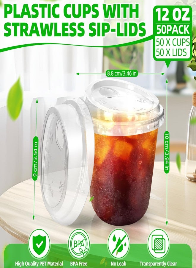 RMERVE 50 Pcs Plastic Coffee Cups with Sip Lids, Disposable Plastic PET Crystal Cups with Strawless Lid for Iced Coffee, Smoothie, Cold Beverage, Party Catering Supplies, Drink Shop (Clear, 12 oz) - Image 2