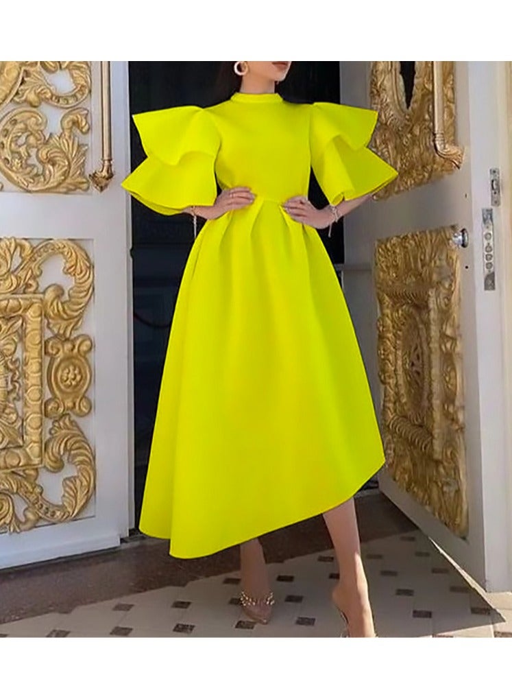 KUYING New Double layered Ruffle Sleeves Solid Color Large Hem Dres  - Image 2