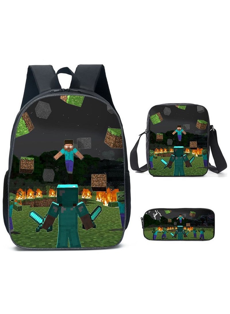 MINECRAFT Digital Printing Large Capacity Backpack Three piece Set Lunch Bag Pen Bag Polyester Comfortable Load Reducing Backpack for Students and Children Unisex - Image 1