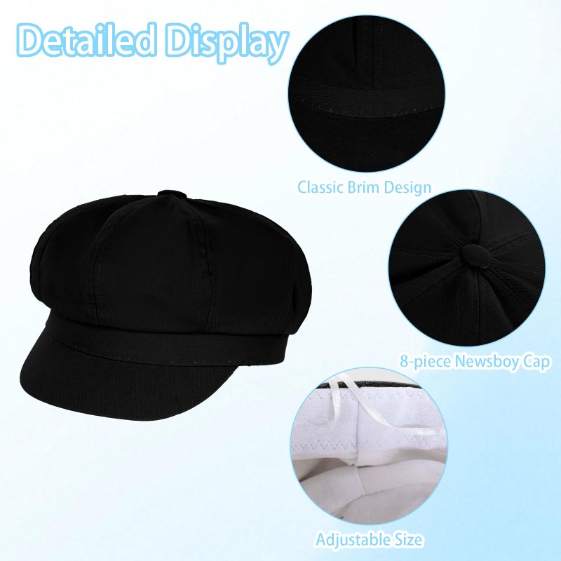 Fengek Newsboy Hats for Women - Classic 8-Panel Cabbie Hat with Adjustable Elastic Band, Breathable Comfortable Fit for All Seasons (Black) - Image 3