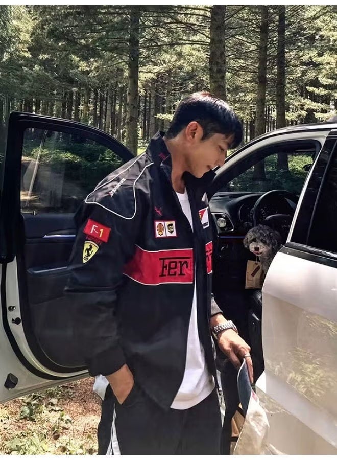 اف 1 جاكيت فومولا 1 x بومه - أسود بأسلوب رياضي عتيق، شارات شعار مطرزة، قماش مقاوم للرياح، معطف كاجوال للارتداء اليومي والخارجي - Image 4