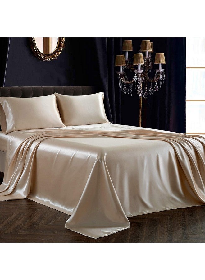 SiinvdaBZX 4Pcs Satin Sheet Set Queen Size Ultra Silky Soft Beige Satin Queen Bed Sheets with Deep Pocket, 1 Fitted Sheet, 1 Flat Sheet , 2 Envelope Closure Pillowcases - Image 1