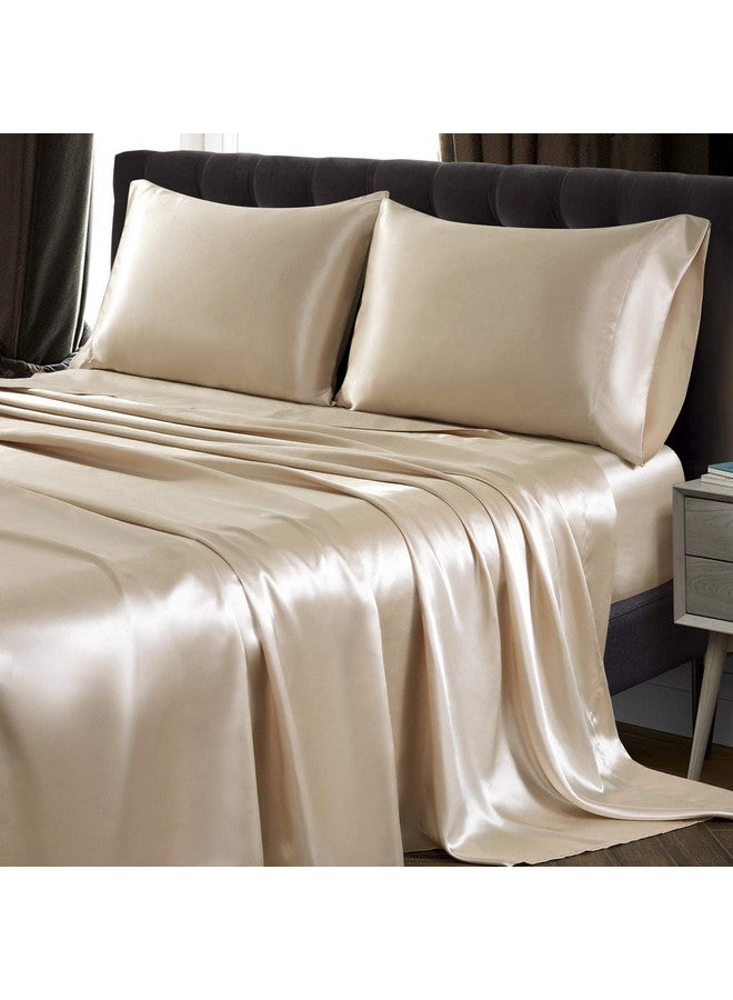 SiinvdaBZX 4Pcs Satin Sheet Set Queen Size Ultra Silky Soft Beige Satin Queen Bed Sheets with Deep Pocket, 1 Fitted Sheet, 1 Flat Sheet , 2 Envelope Closure Pillowcases - Image 2