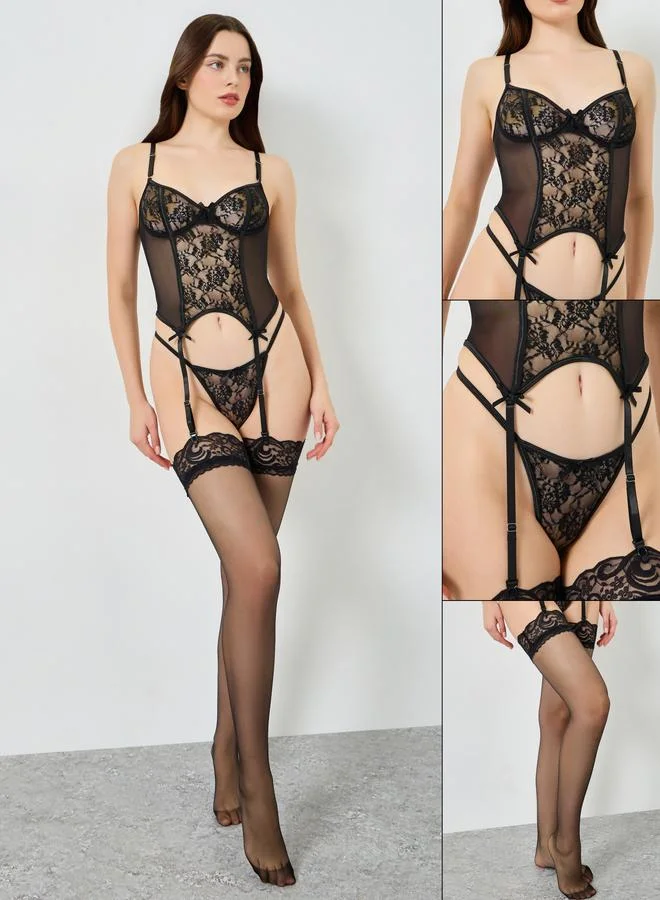 Styli Pack of 3 - Lace Panel Bodysuit, Brief and Stockings