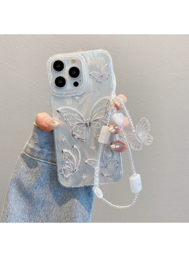 NIBEMINENT Laser Shell Pattern Protective TPU Case Cover For iPhone 16 Pro, Silver Butterfly With Shell Pattern Butterfly Chain