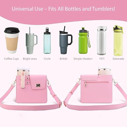 House of Quirk Outdoor Portable Crossbody Tumbler Holder Bag with Purse Compartment – Travel Water Bottle Carrier for Hiking, Walking, Camping (Pink) - Image 2