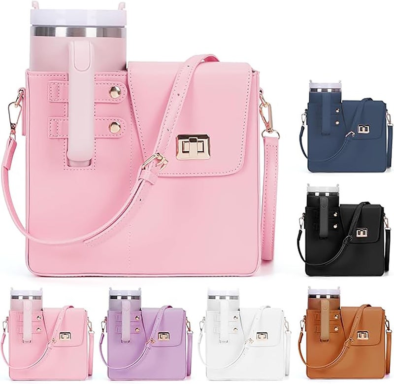 House of Quirk Outdoor Portable Crossbody Tumbler Holder Bag with Purse Compartment – Travel Water Bottle Carrier for Hiking, Walking, Camping (Pink) - Image 1