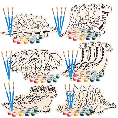 SCS Direct Wood Painting Craft Kit 20 Pack Easter Basket Stuffer Arts Crafts Gifts for Kids Each Dinosaur Painting Set Comes w Brush Paint Great for Classroom Prizes Birthday Party Favors Goodie Bags - Image 1